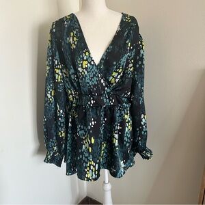 Torrid Abstract Print Open Back Blouse Green Black Size 2XL